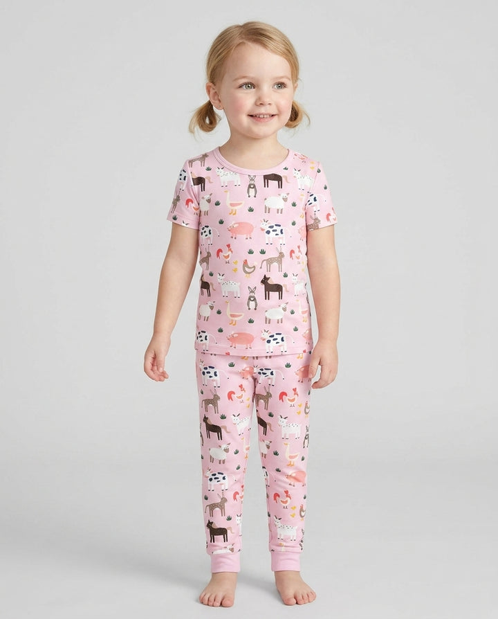 Pink Farm Animals Bamboo Two Piece Short Sleeve Pajama Set