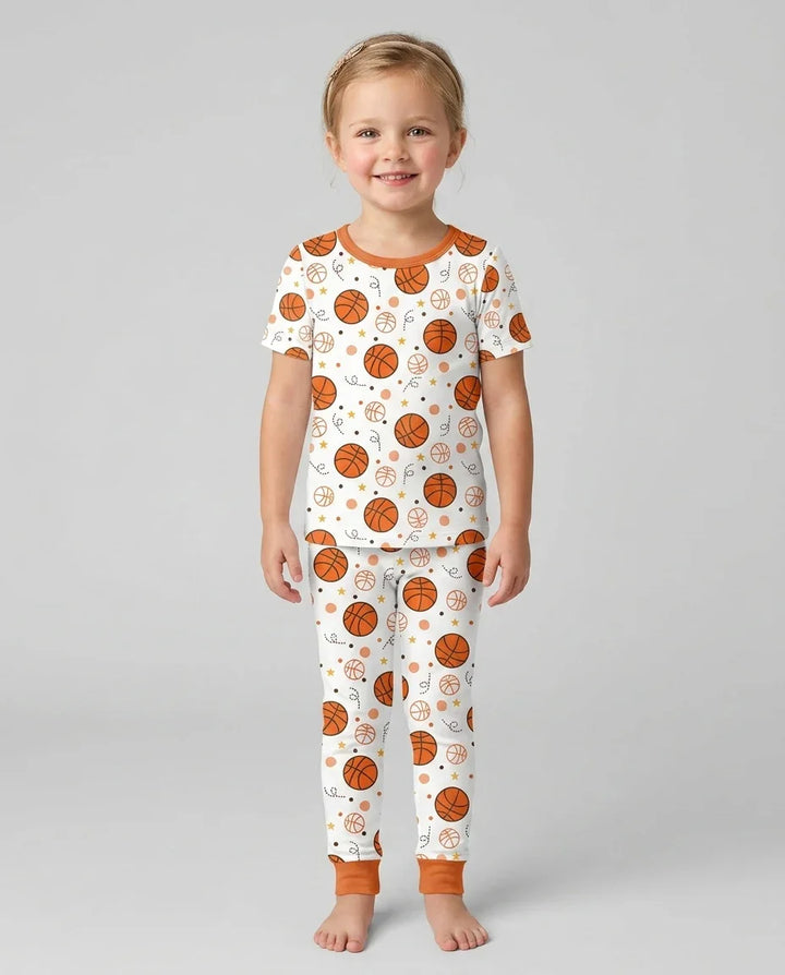 Orange Basketball Bamboo Two Piece Short Sleeve Pajama Set