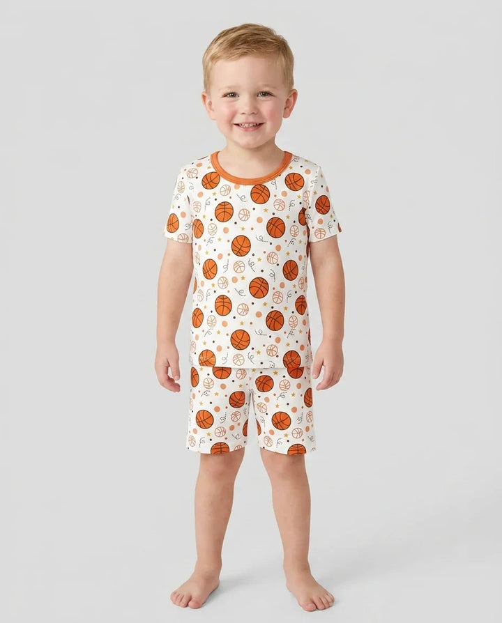 Conjunto de pijama de dos piezas de baloncesto naranja de bambú de manga corta y pantalón corto