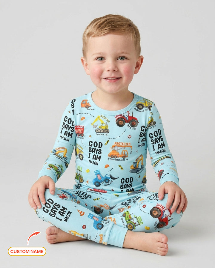 Conjunto de Pijama de Dos Piezas de Bambú para Niño con Manga Corta "God Says I Am" con Nombre Personalizado