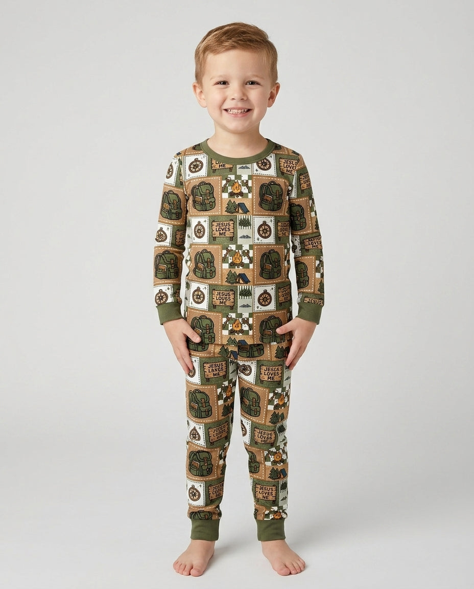 Camping Jesus Loves Me Bamboo Two Piece Long Sleeve Pajama Set