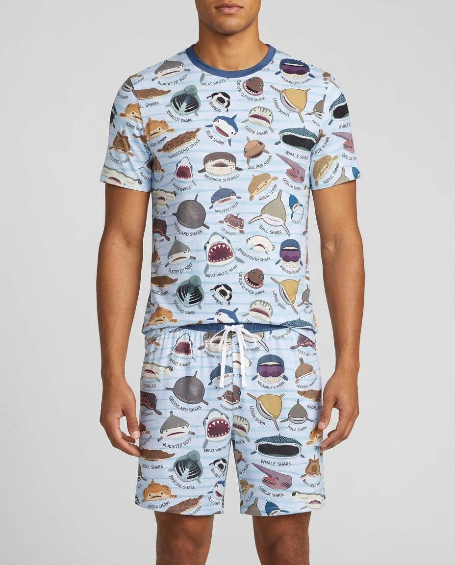 Shark Faces Bamboo Men Short Sleeve Short Pajama Set