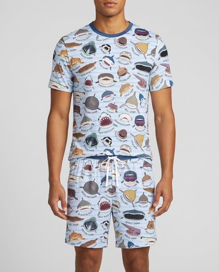Shark Faces Bamboo Men Short Sleeve Short Pajama Set