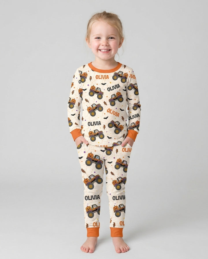 Custom Name Halloween Monster Truck Bamboo Two Piece Long Sleeve Pajama Set