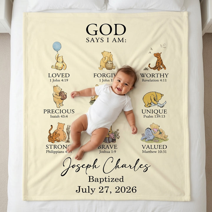 Personalized Baptism Classic Bear Bible Verses Bamboo Blanket