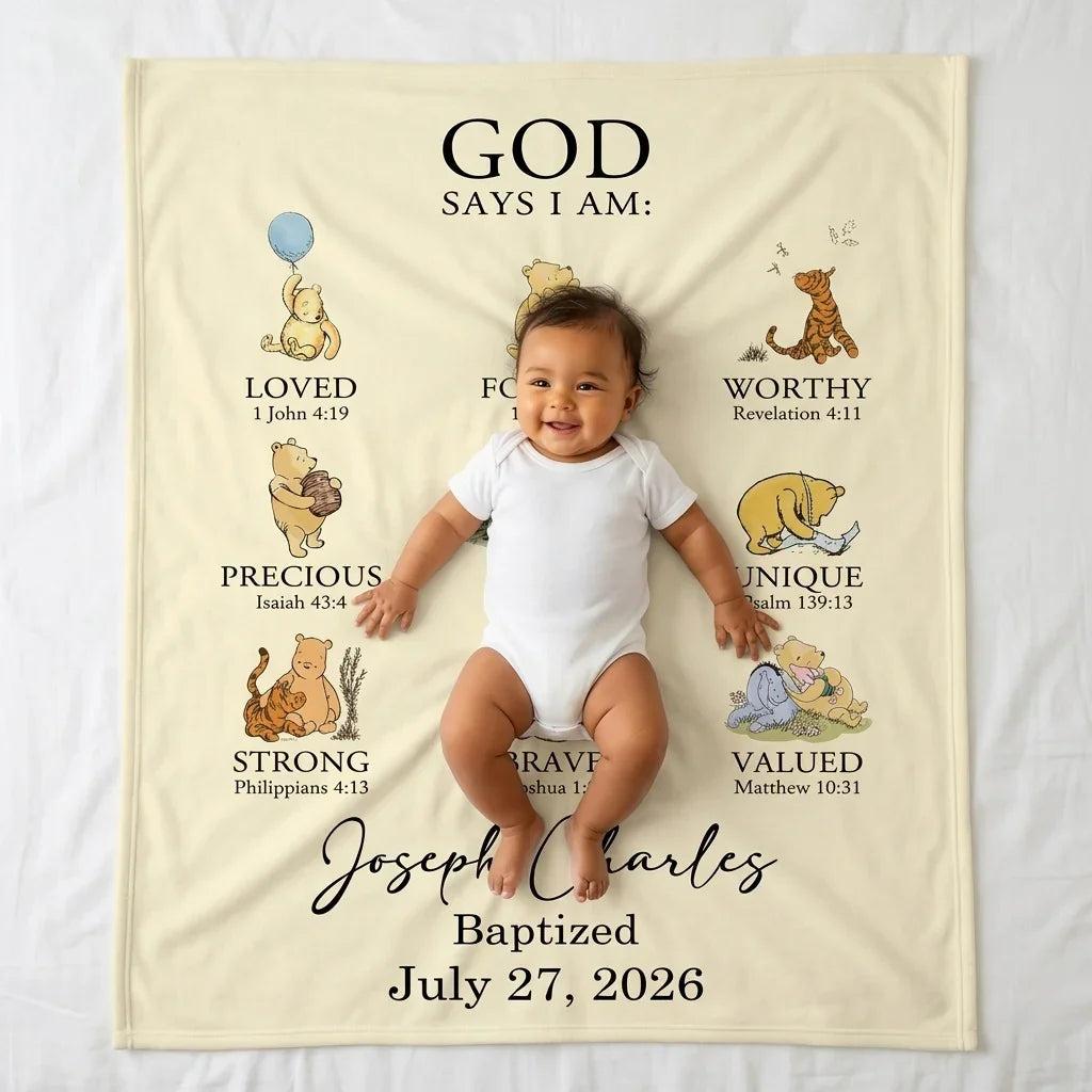 Personalized Baptism Classic Bear Bible Verses Bamboo Blanket
