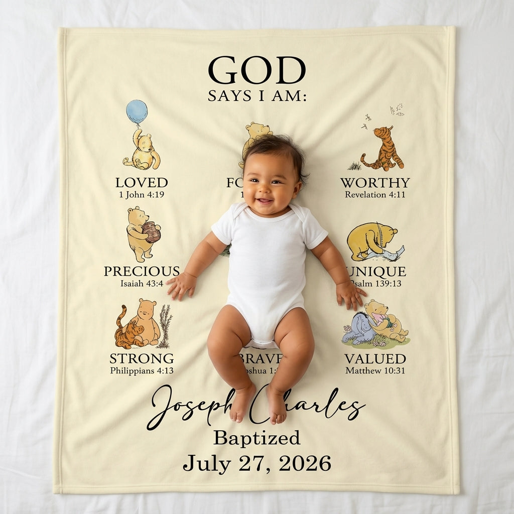 Personalized Baptism Classic Bear Bible Verses Bamboo Blanket