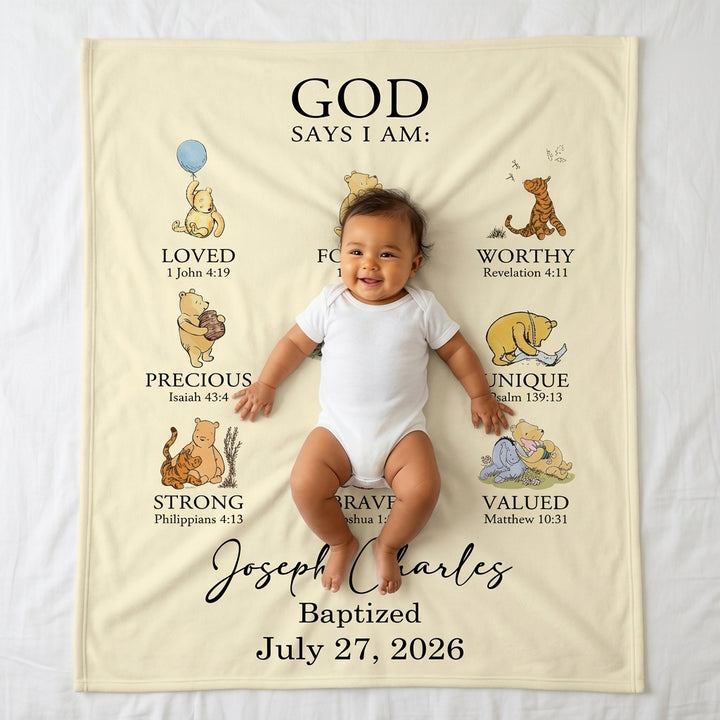 Personalized Baptism Classic Bear Bible Verses Bamboo Blanket