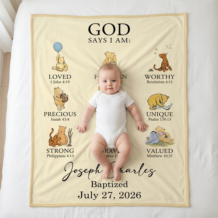 Personalized Baptism Classic Bear Bible Verses Bamboo Blanket