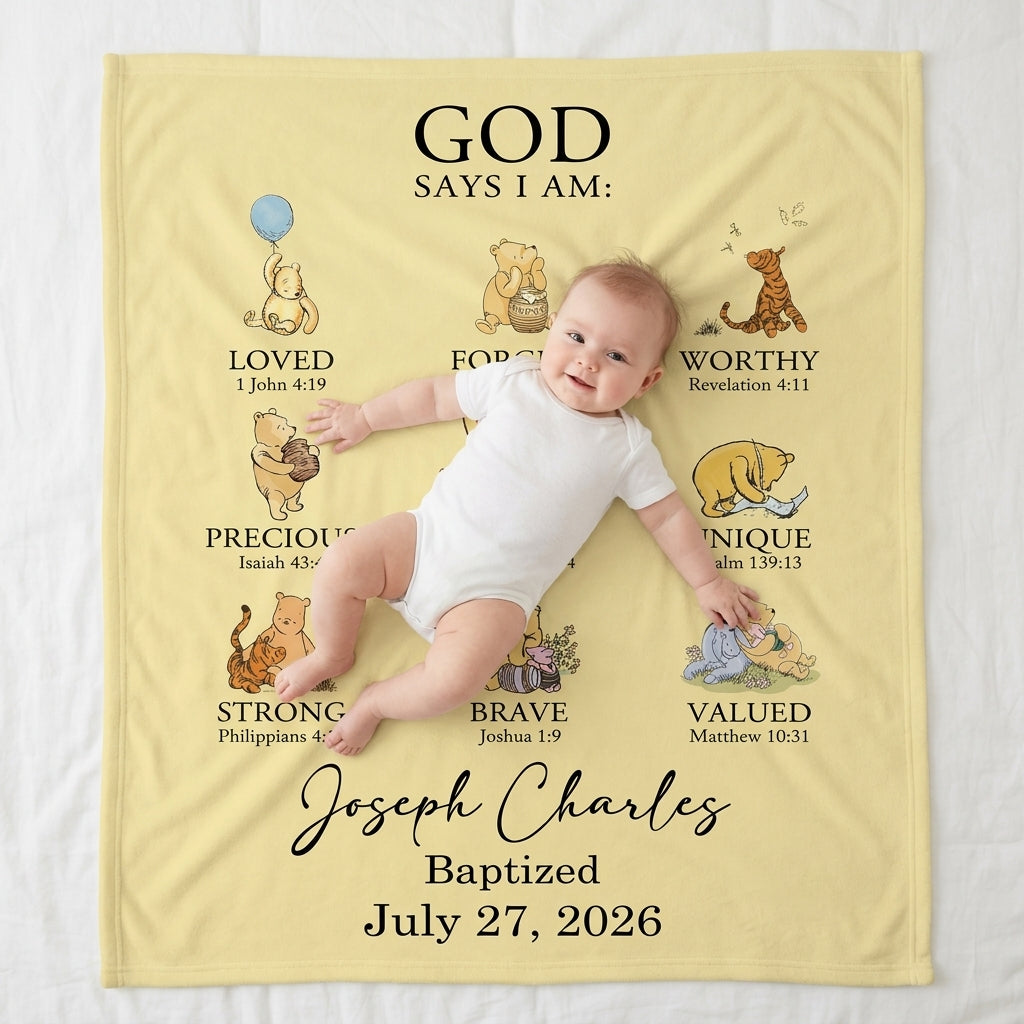 Personalized Baptism Classic Bear Bible Verses Bamboo Blanket