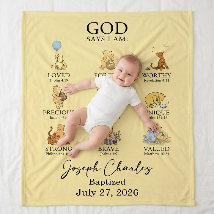 Personalized Baptism Classic Bear Bible Verses Bamboo Blanket
