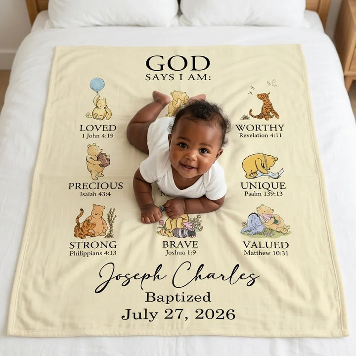Personalized Baptism Classic Bear Bible Verses Bamboo Blanket