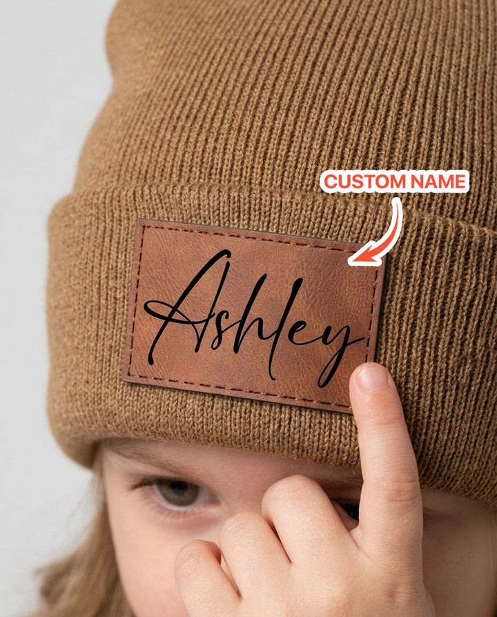 Custom Name Leather Patch Beanie