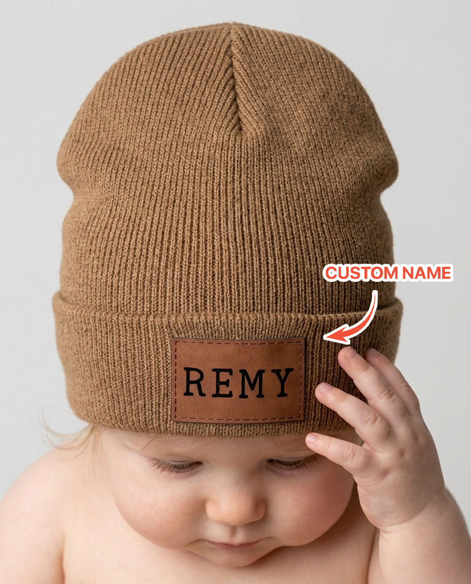 Custom Name Leather Patch Beanie