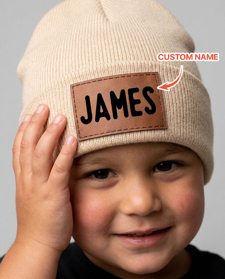 Custom Name Leather Patch Beanie