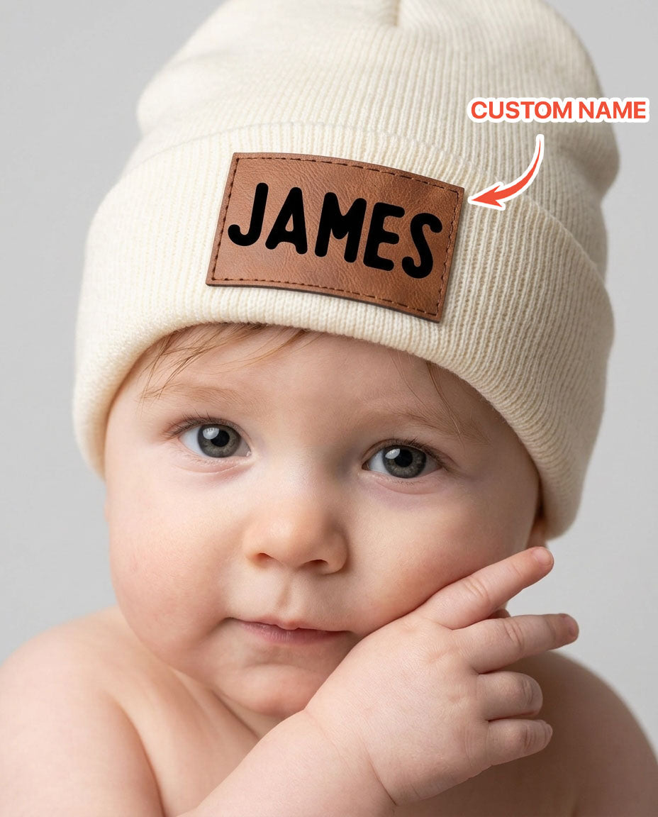 Custom Name Leather Patch Beanie