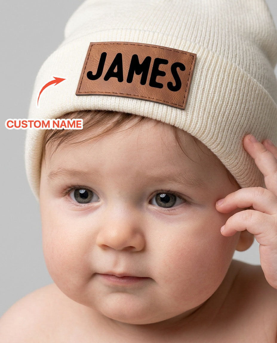 Custom Name Leather Patch Beanie