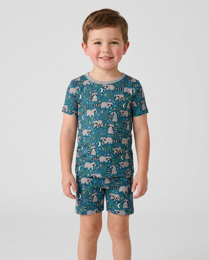 Midnight Raccoons Bamboo Two Piece Short Sleeve Shorts Pajama Set