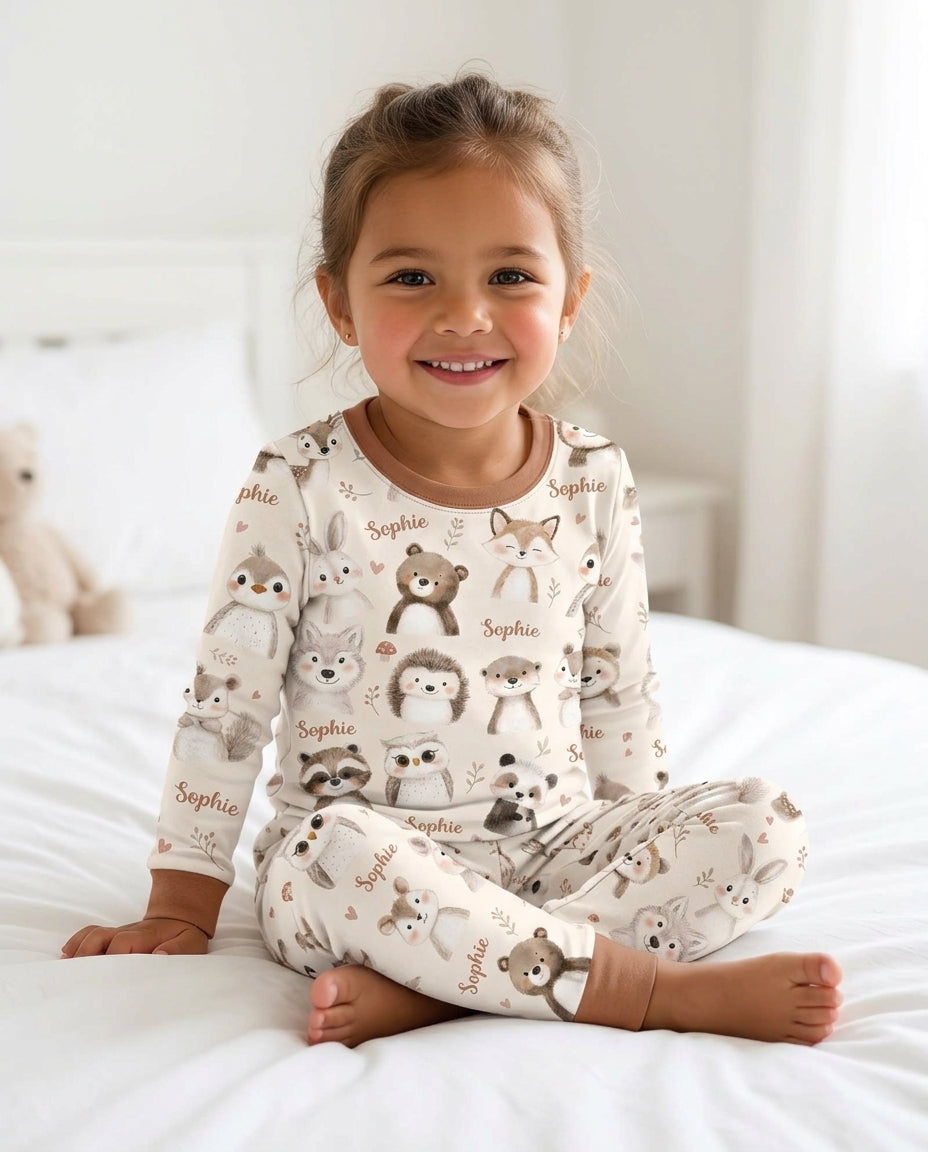 Custom Name Watercolor Woodland Bamboo Two Piece Long Sleeve Pajama Set
