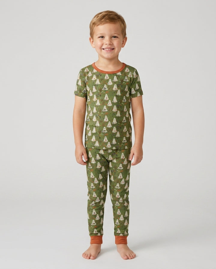 Cute Ghost Halloween Moss Green Floral Bamboo Two Piece Short Sleeve Pajama Set