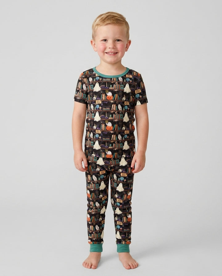 Cute Ghost Witchy Halloween Magic Library Bamboo Two Piece Short Sleeve Pajama Set