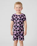 Spooky Black Cat Halloween Purple Bats Bamboo Two Piece Short Sleeve Shorts Pajama Set