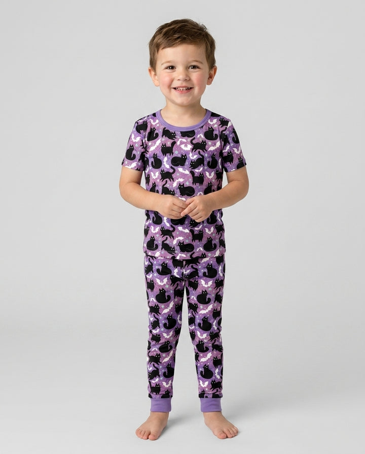 Spooky Black Cat Halloween Purple Bats Bamboo Two Piece Short Sleeve Pajama Set