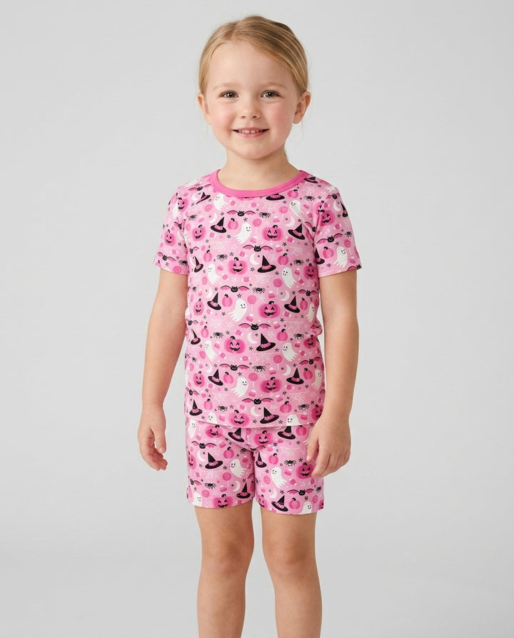 Cute Pink Halloween Ghost Pumpkin Witch Bamboo Two Piece Short Sleeve Shorts Pajama Set