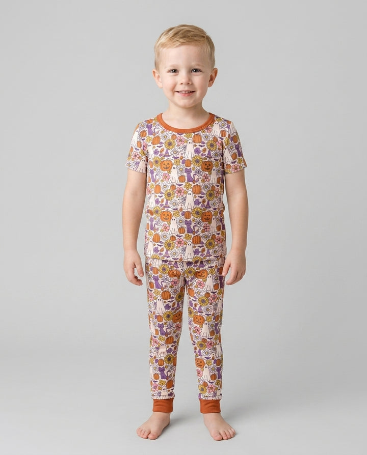Ghost Pumpkin Fall Floral Halloween Bamboo Two Piece Short Sleeve Pajama Set