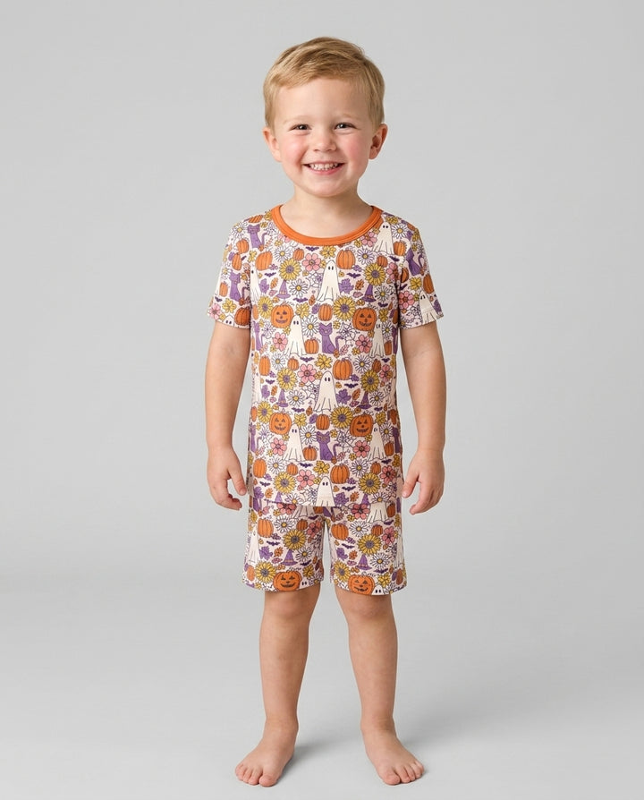 Ghost Pumpkin Fall Floral Halloween Bamboo Two Piece Short Sleeve Shorts Pajama Set