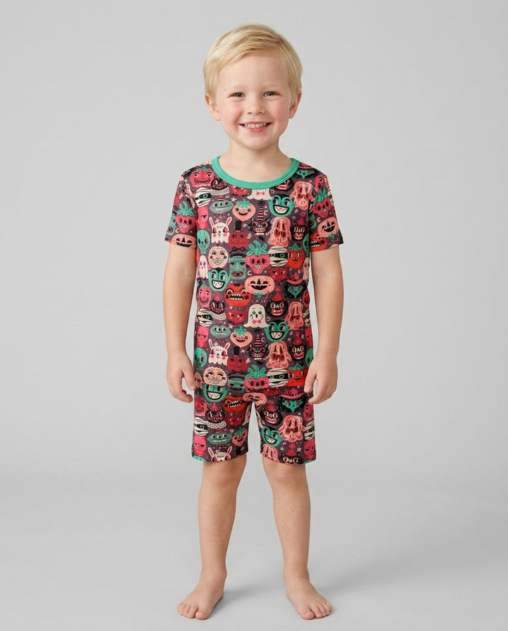 Retro Halloween Monsters Ghost Pumpkin Mummy Bamboo Two Piece Short Sleeve Shorts Pajama Set