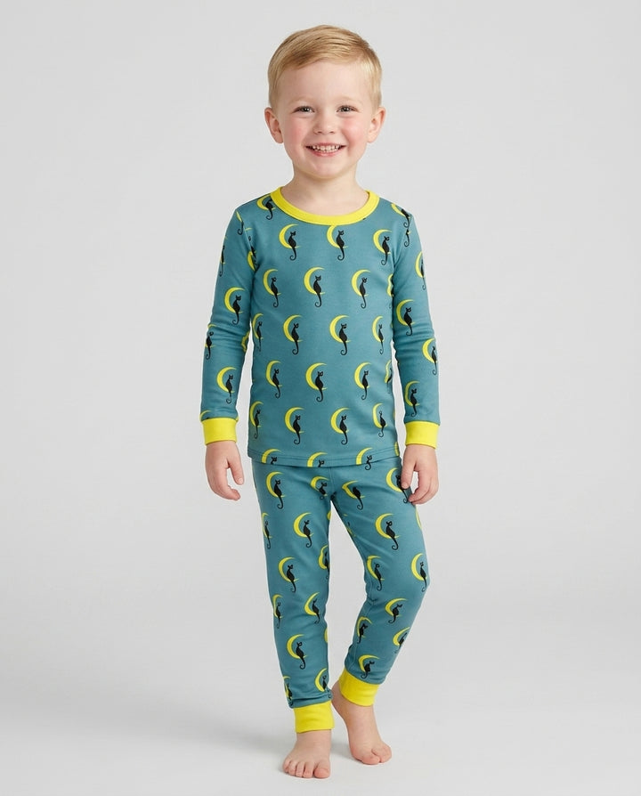 Black Cat Crescent Moon Celestial Night Bamboo Two Piece Long Sleeve Pajama Set