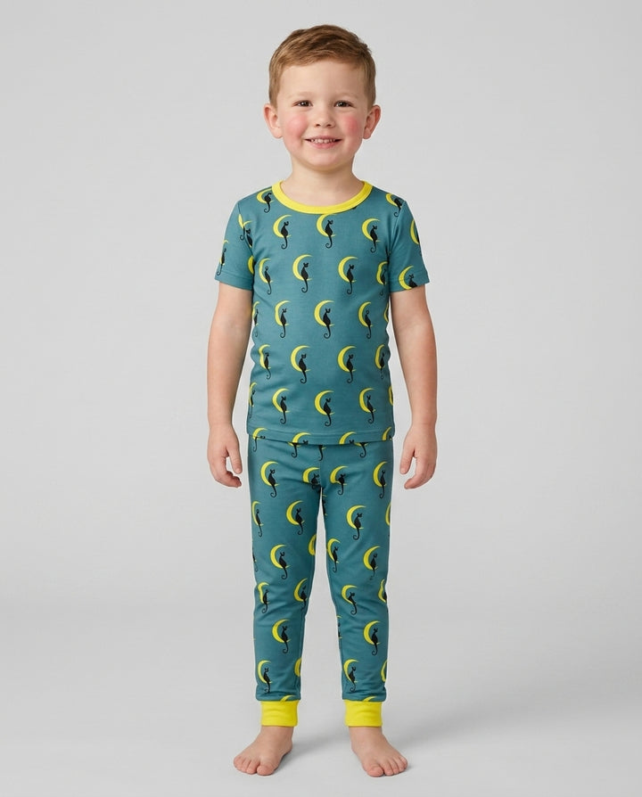 Black Cat Crescent Moon Celestial Night Bamboo Two Piece Short Sleeve Pajama Set