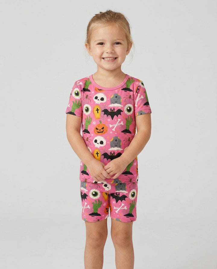 Little Monsters Bamboo Two Piece Short Sleeve Shorts Pajama Set For Halloween