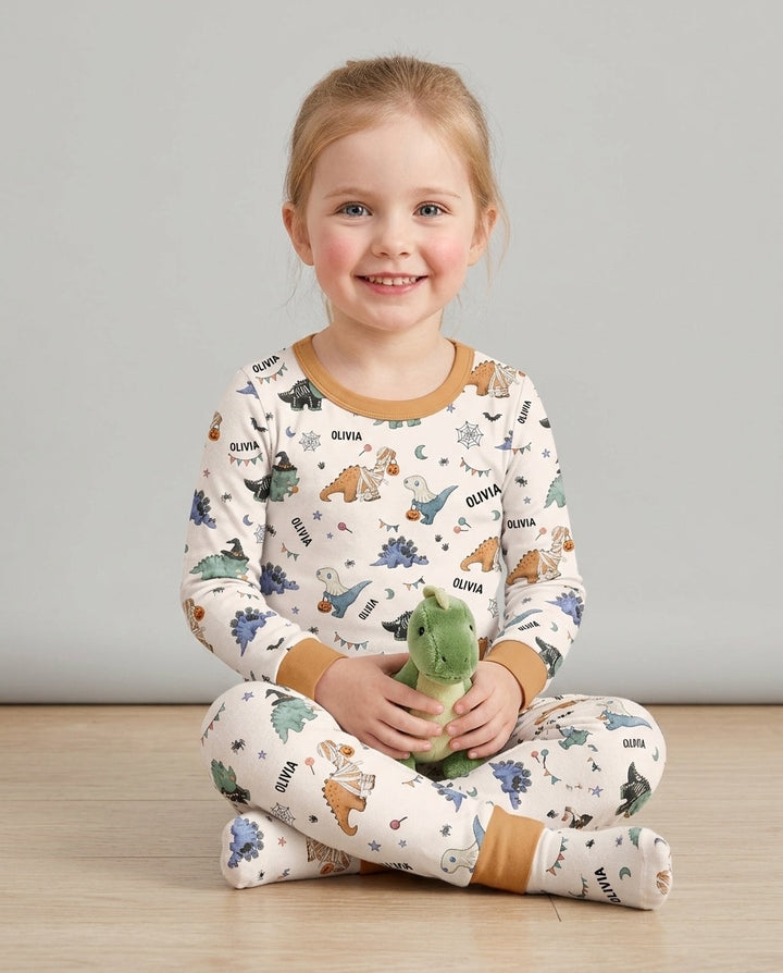 Custom Name Cute Halloween Dinosaur - Personalized Long Sleeve Pajama Set