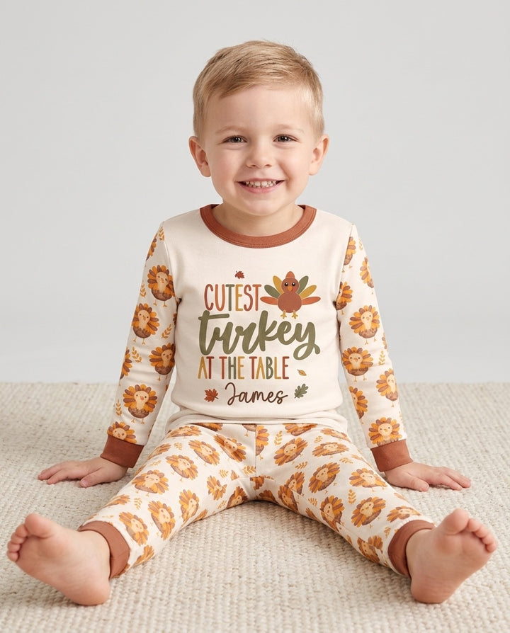 Custom Name Cutest Turkey At The Table Bamboo Two Piece Long Sleeve Pajama Set