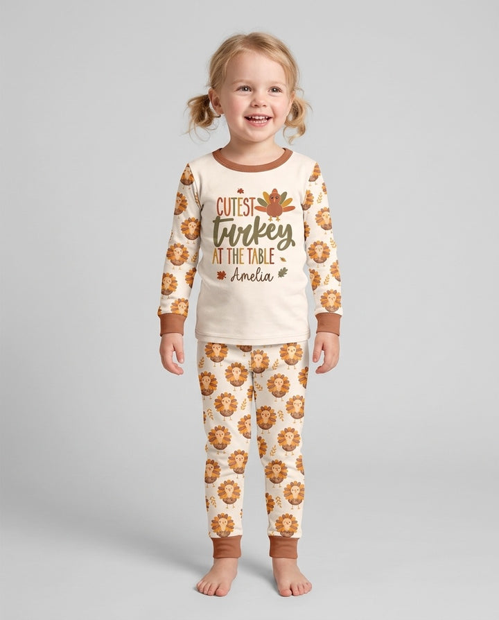 Custom Name Cutest Turkey At The Table Bamboo Two Piece Long Sleeve Pajama Set