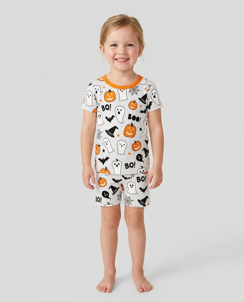Halloween Boo & Pumpkin Glow In The Dark Bamboo Two Piece Short Sleeve Shorts Pajama Set