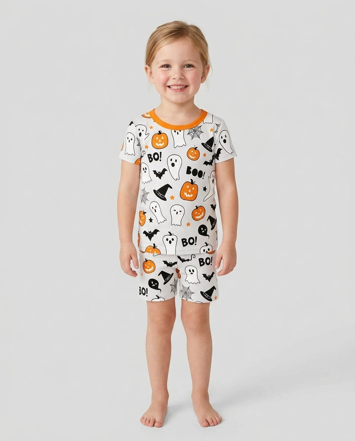 Halloween Boo & Pumpkin Glow In The Dark Bamboo Two Piece Short Sleeve Shorts Pajama Set