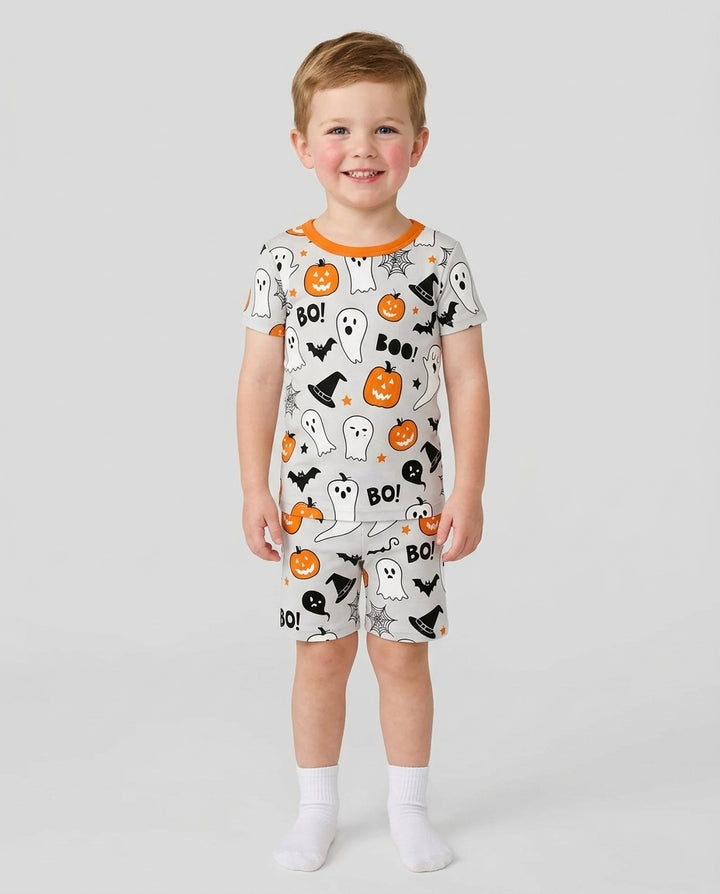 Halloween Boo & Pumpkin Glow In The Dark Bamboo Two Piece Short Sleeve Shorts Pajama Set