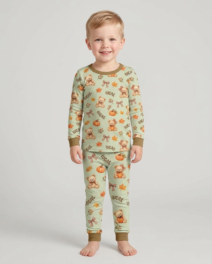 Fall Gingham Bow Teddy Bear Bamboo Two Piece Long Sleeve Pajama Set