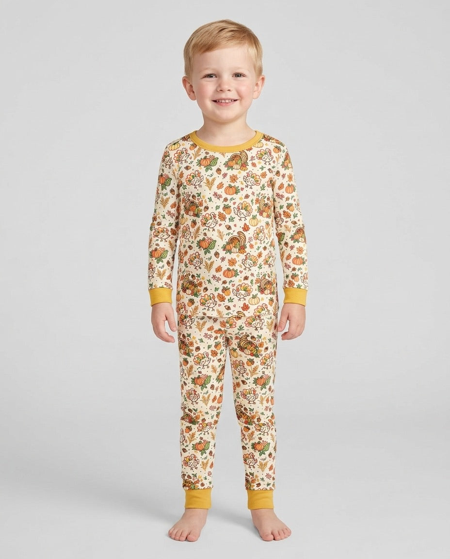 Thanksgiving Turkey Sketch Bamboo Two Piece Long Sleeve Pajama Set