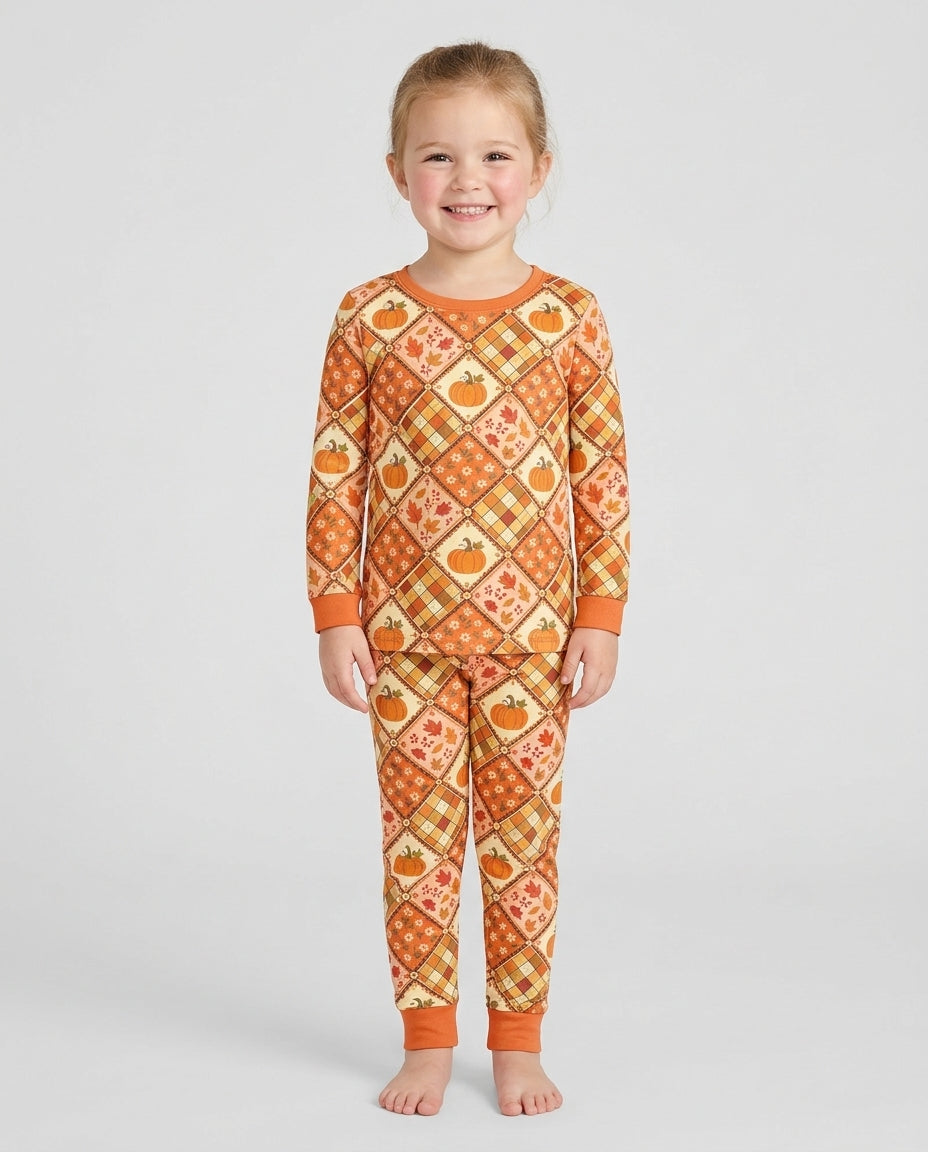 Fall Vintage Patchwork Bamboo Two Piece Long Sleeve Pajama Set
