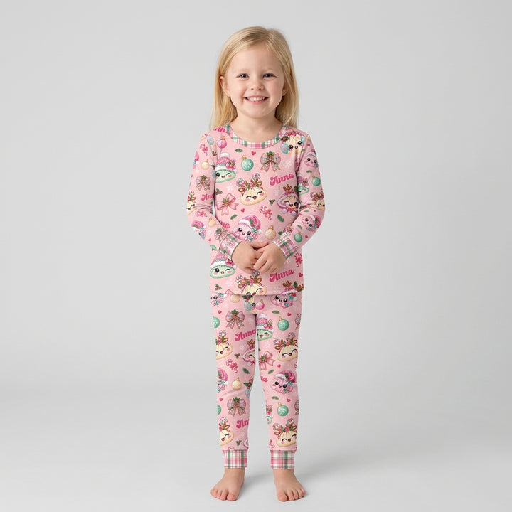 Custom Name Kawaii Christmas Dumpling Bamboo Two Piece Long Sleeve Pajama Set