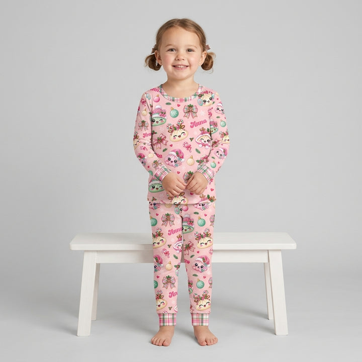 Custom Name Kawaii Christmas Dumpling Bamboo Two Piece Long Sleeve Pajama Set