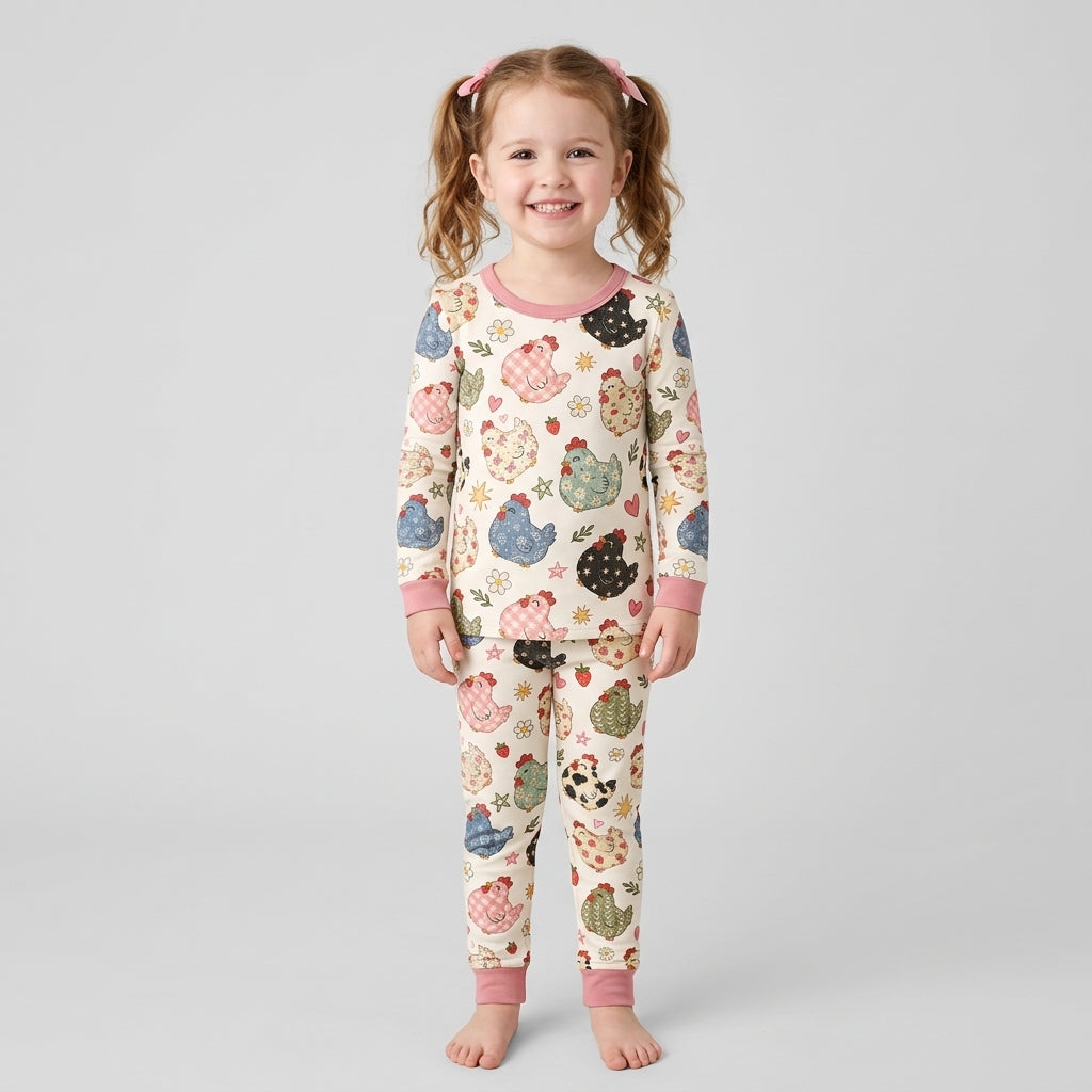 Playful Farm Chicken Bamboo Two Piece Long Sleeve Pajama Set