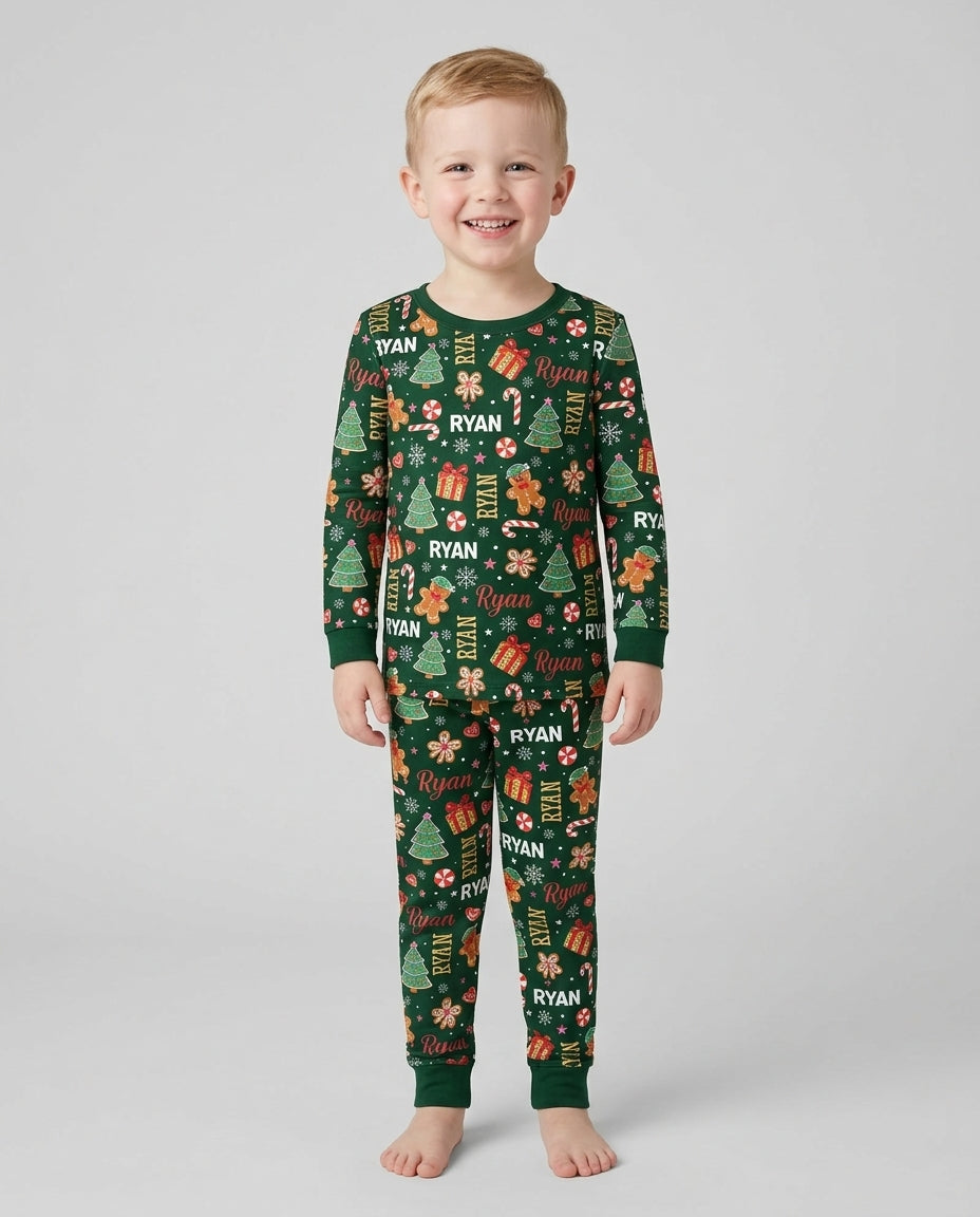 Custom Name Christmas Crew Family Matching Bamboo Two Piece Long Sleeve Pajama Set