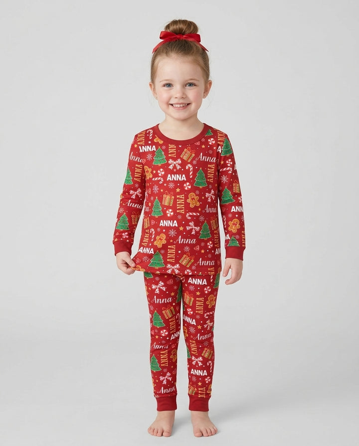 Custom Name Christmas Crew Family Matching Bamboo Two Piece Long Sleeve Pajama Set