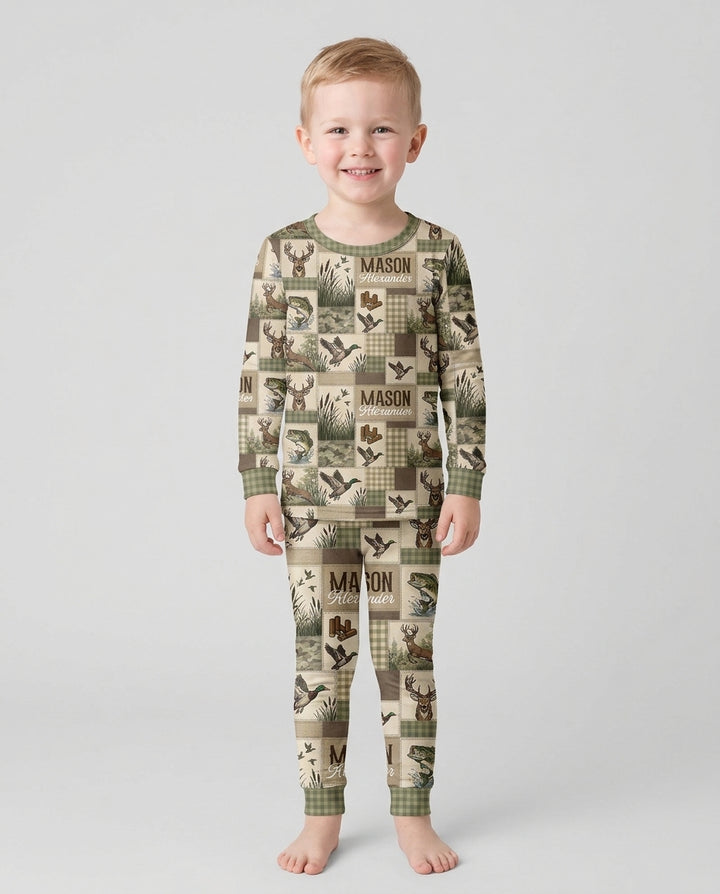 Personalized Hunting Patchwork Bamboo Two Piece Long Sleeve Pajama Set
