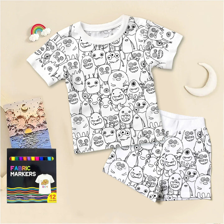 Monster Fun Colorable Halloween Two Piece Short Sleeve Shorts Pajama Set , Monster Fun Colorable Halloween Two Piece Short Sleeve Shorts Pajama Set - 3T